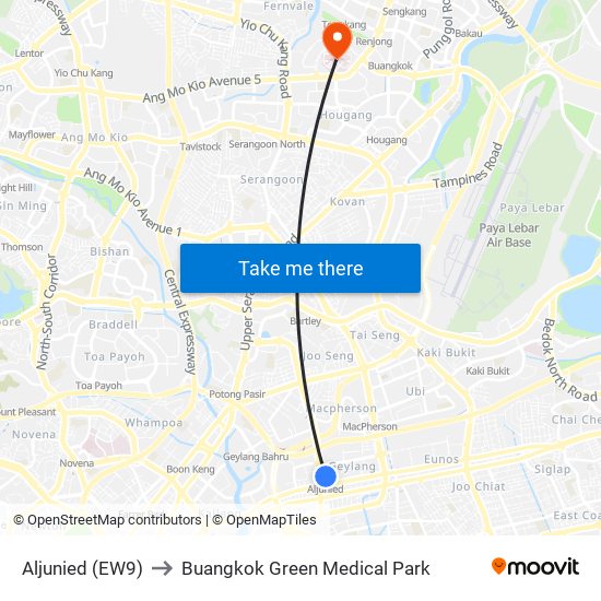 Aljunied (EW9) to Buangkok Green Medical Park map