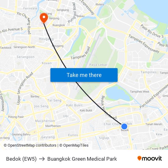 Bedok (EW5) to Buangkok Green Medical Park map