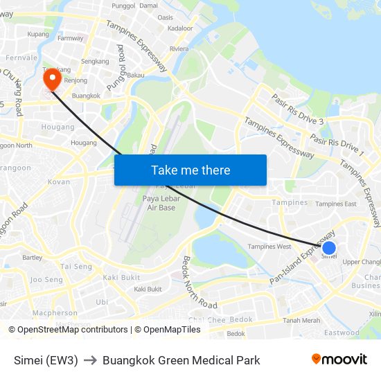 Simei (EW3) to Buangkok Green Medical Park map