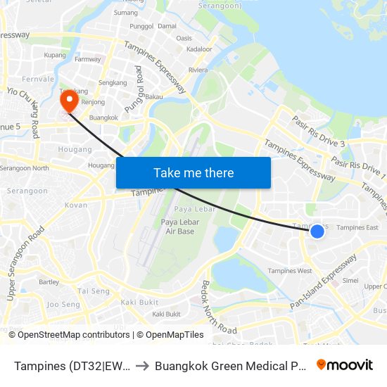 Tampines (DT32|EW2) to Buangkok Green Medical Park map