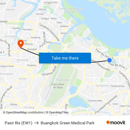 Pasir Ris (EW1) to Buangkok Green Medical Park map