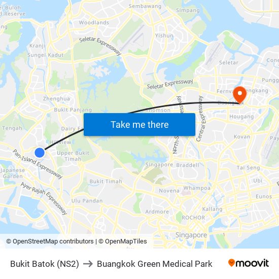 Bukit Batok (NS2) to Buangkok Green Medical Park map