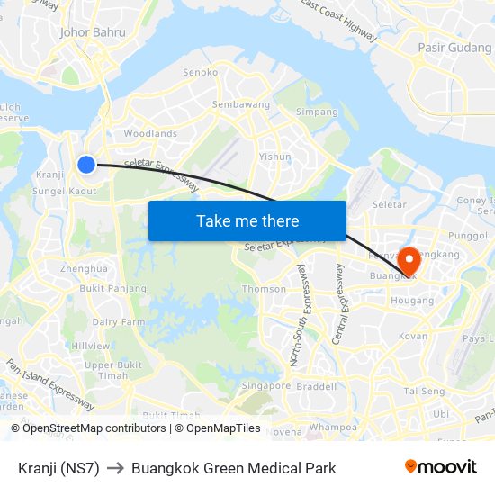 Kranji (NS7) to Buangkok Green Medical Park map