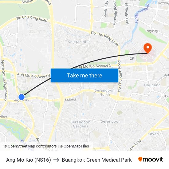 Ang Mo Kio (NS16) to Buangkok Green Medical Park map