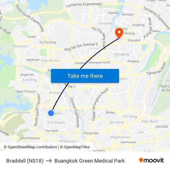 Braddell (NS18) to Buangkok Green Medical Park map