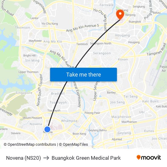 Novena (NS20) to Buangkok Green Medical Park map