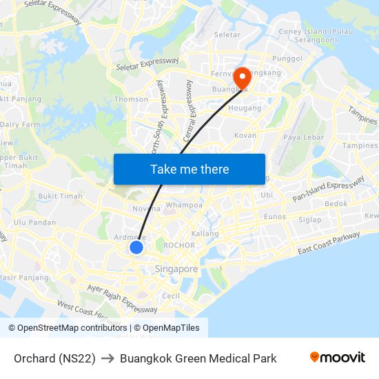 Orchard (NS22) to Buangkok Green Medical Park map