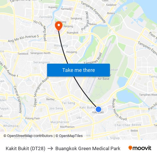 Kakit Bukit (DT28) to Buangkok Green Medical Park map