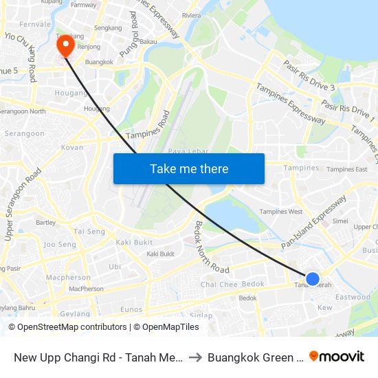 New Upp Changi Rd - Tanah Merah Stn Exit A (85099) to Buangkok Green Medical Park map