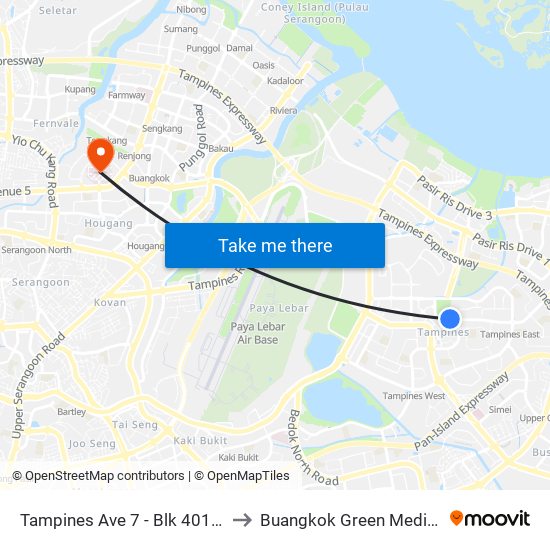 Tampines Ave 7 - Blk 401 (76191) to Buangkok Green Medical Park map