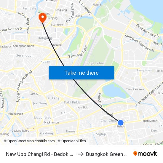 New Upp Changi Rd - Bedok Stn Exit B (84031) to Buangkok Green Medical Park map