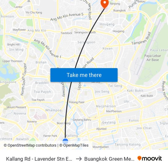 Kallang Rd - Lavender Stn Exit B (01311) to Buangkok Green Medical Park map