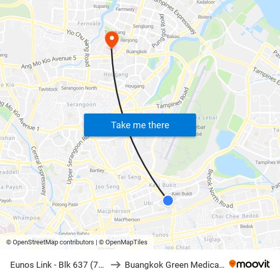 Eunos Link - Blk 637 (71091) to Buangkok Green Medical Park map