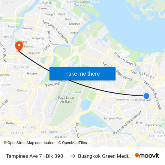 Tampines Ave 7 - Blk 390 (76239) to Buangkok Green Medical Park map