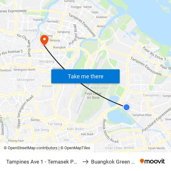 Tampines Ave 1 - Temasek Poly West G (75249) to Buangkok Green Medical Park map