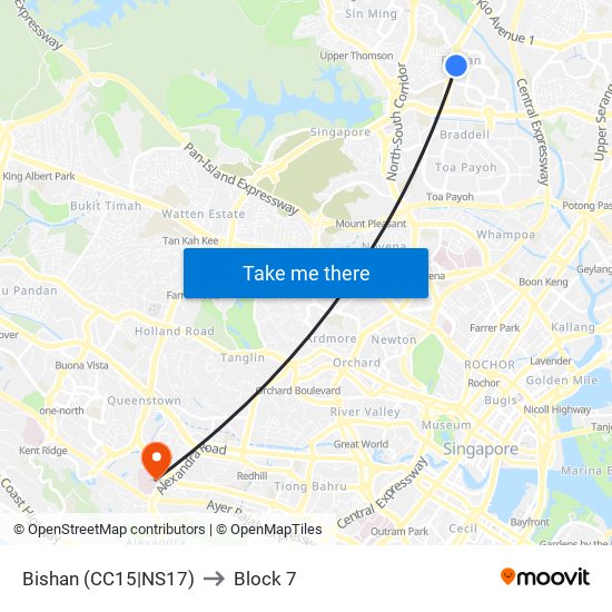 Bishan (CC15|NS17) to Block 7 map