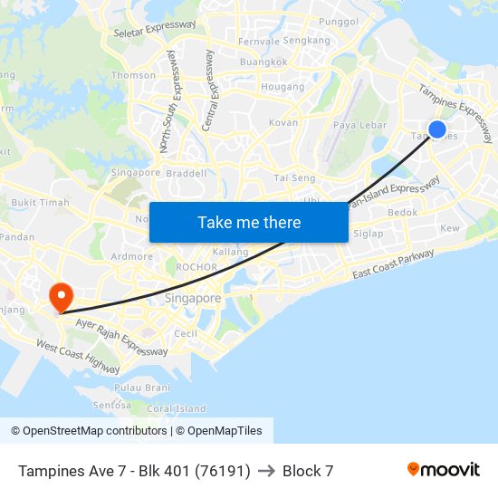 Tampines Ave 7 - Blk 401 (76191) to Block 7 map