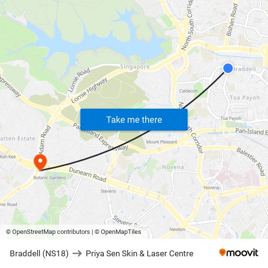 Braddell (NS18) to Priya Sen Skin & Laser Centre map