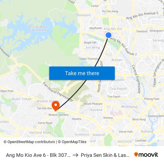 Ang Mo Kio Ave 6 - Blk 307a (54019) to Priya Sen Skin & Laser Centre map