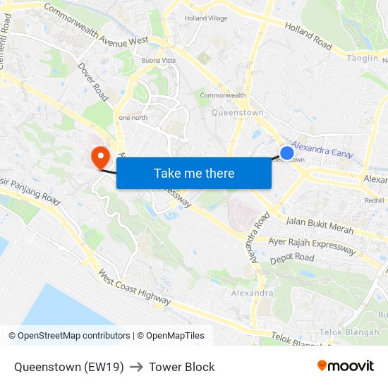Queenstown (EW19) to Tower Block map