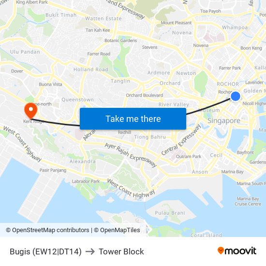 Bugis (EW12|DT14) to Tower Block map