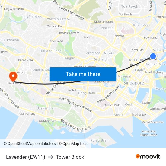 Lavender (EW11) to Tower Block map