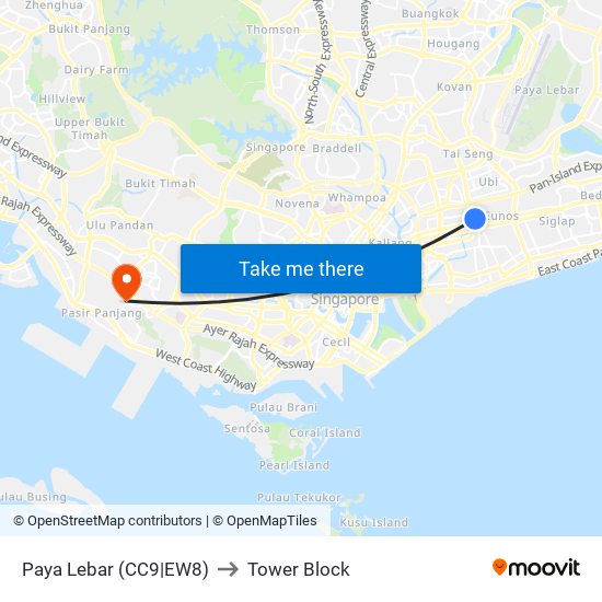 Paya Lebar (CC9|EW8) to Tower Block map