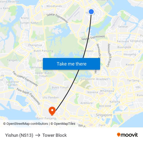 Yishun (NS13) to Tower Block map