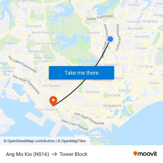 Ang Mo Kio (NS16) to Tower Block map