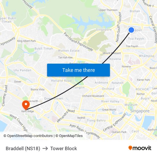 Braddell (NS18) to Tower Block map