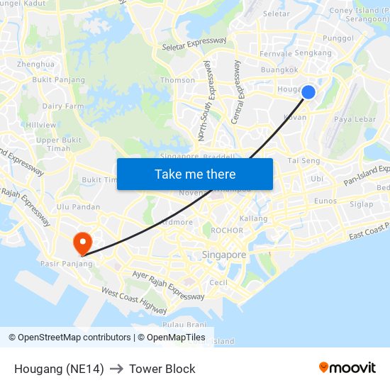 Hougang (NE14) to Tower Block map