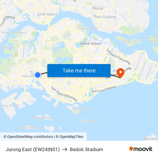 Jurong East (EW24|NS1) to Bedok Stadium map