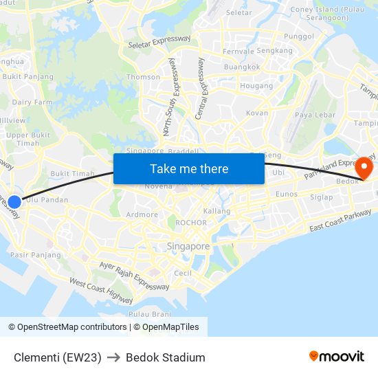 Clementi (EW23) to Bedok Stadium map