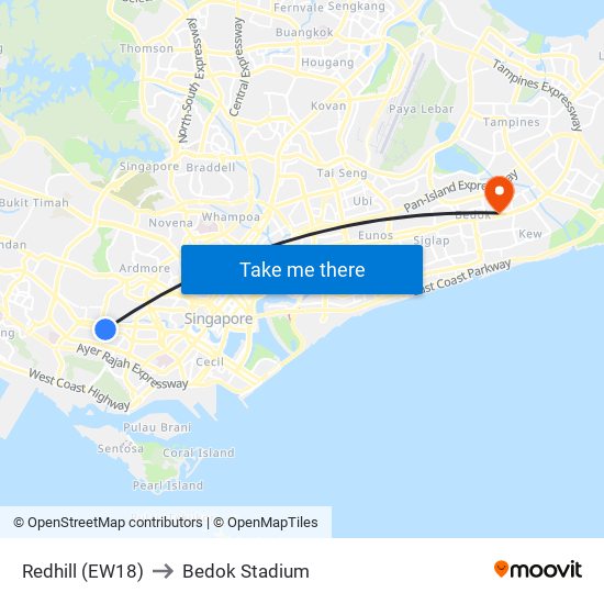 Redhill (EW18) to Bedok Stadium map