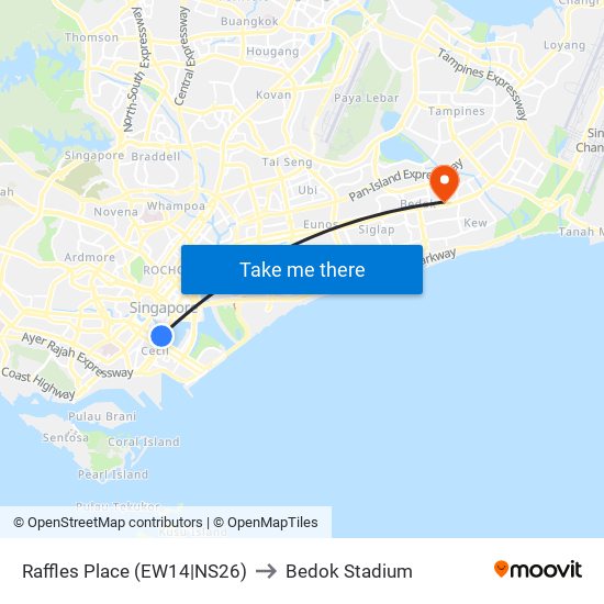 Raffles Place (EW14|NS26) to Bedok Stadium map