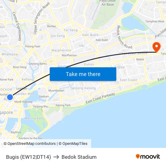 Bugis (EW12|DT14) to Bedok Stadium map