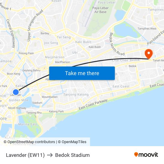 Lavender (EW11) to Bedok Stadium map