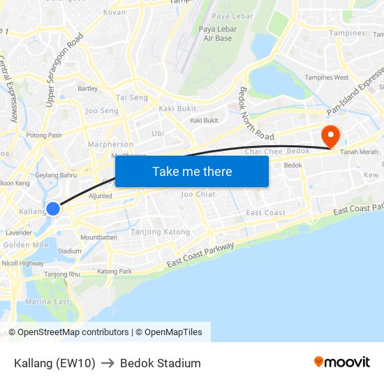 Kallang (EW10) to Bedok Stadium map
