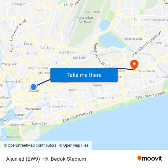 Aljunied (EW9) to Bedok Stadium map