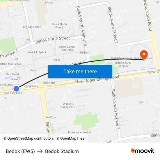 Bedok (EW5) to Bedok Stadium map
