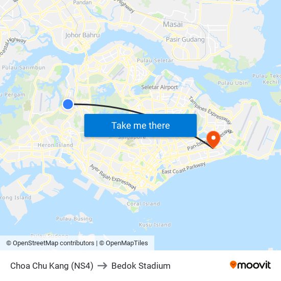Choa Chu Kang (NS4) to Bedok Stadium map