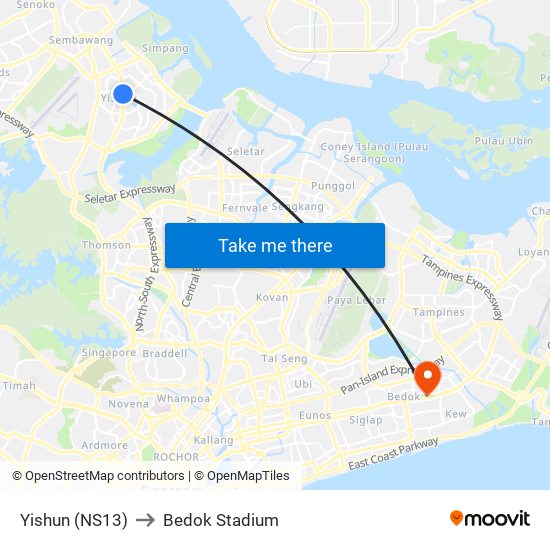 Yishun (NS13) to Bedok Stadium map