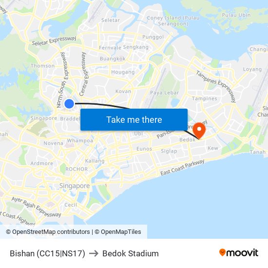 Bishan (CC15|NS17) to Bedok Stadium map