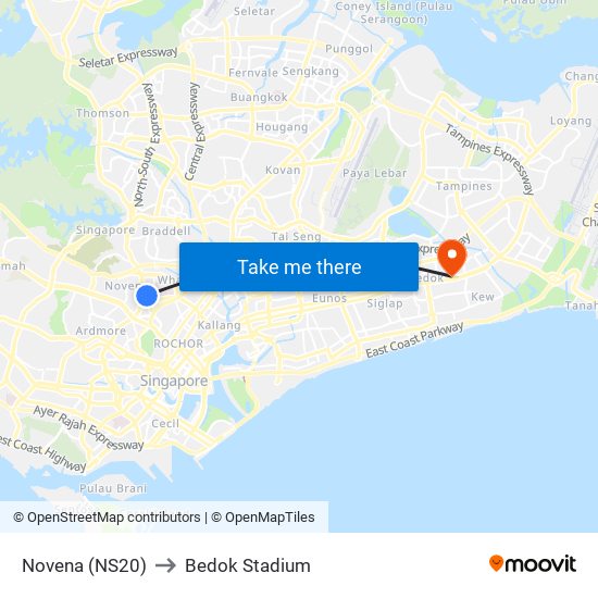 Novena (NS20) to Bedok Stadium map