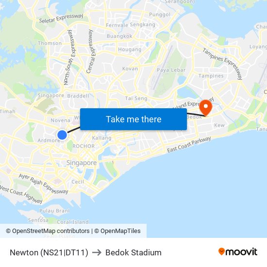 Newton (NS21|DT11) to Bedok Stadium map