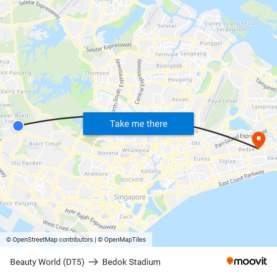 Beauty World (DT5) to Bedok Stadium map