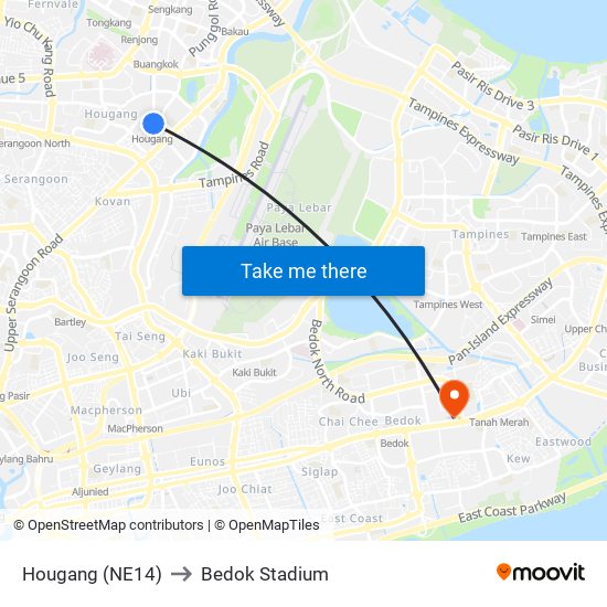 Hougang (NE14) to Bedok Stadium map