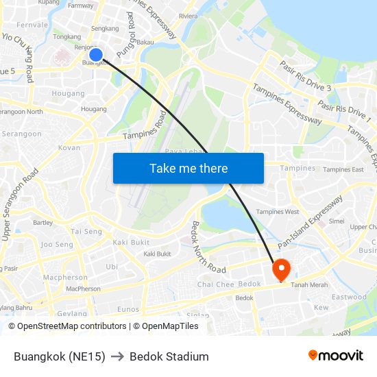 Buangkok (NE15) to Bedok Stadium map