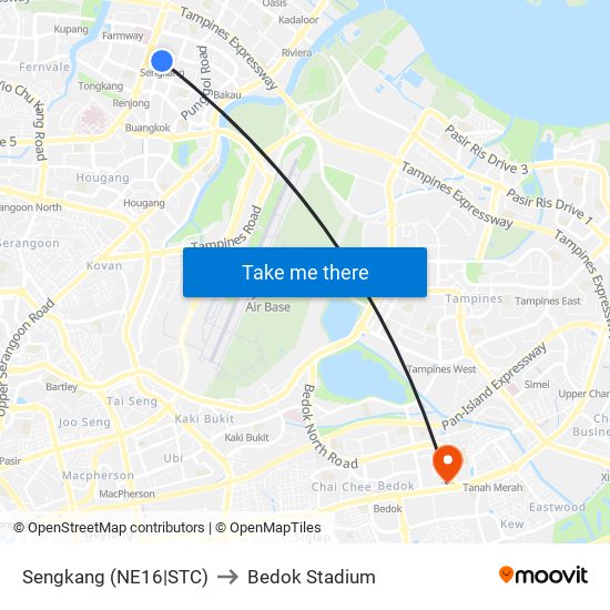 Sengkang (NE16|STC) to Bedok Stadium map