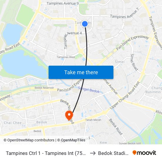 Tampines Ctrl 1 - Tampines Int (75009) to Bedok Stadium map